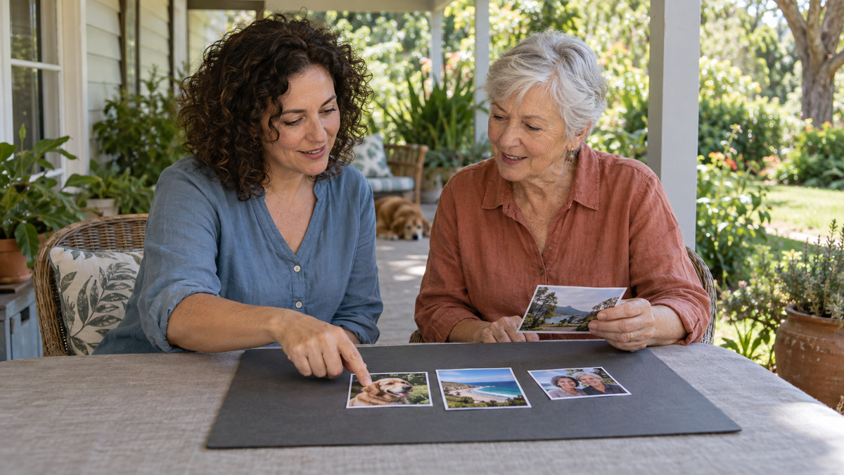 Two women comparing source photos on a shaded Australian verandah