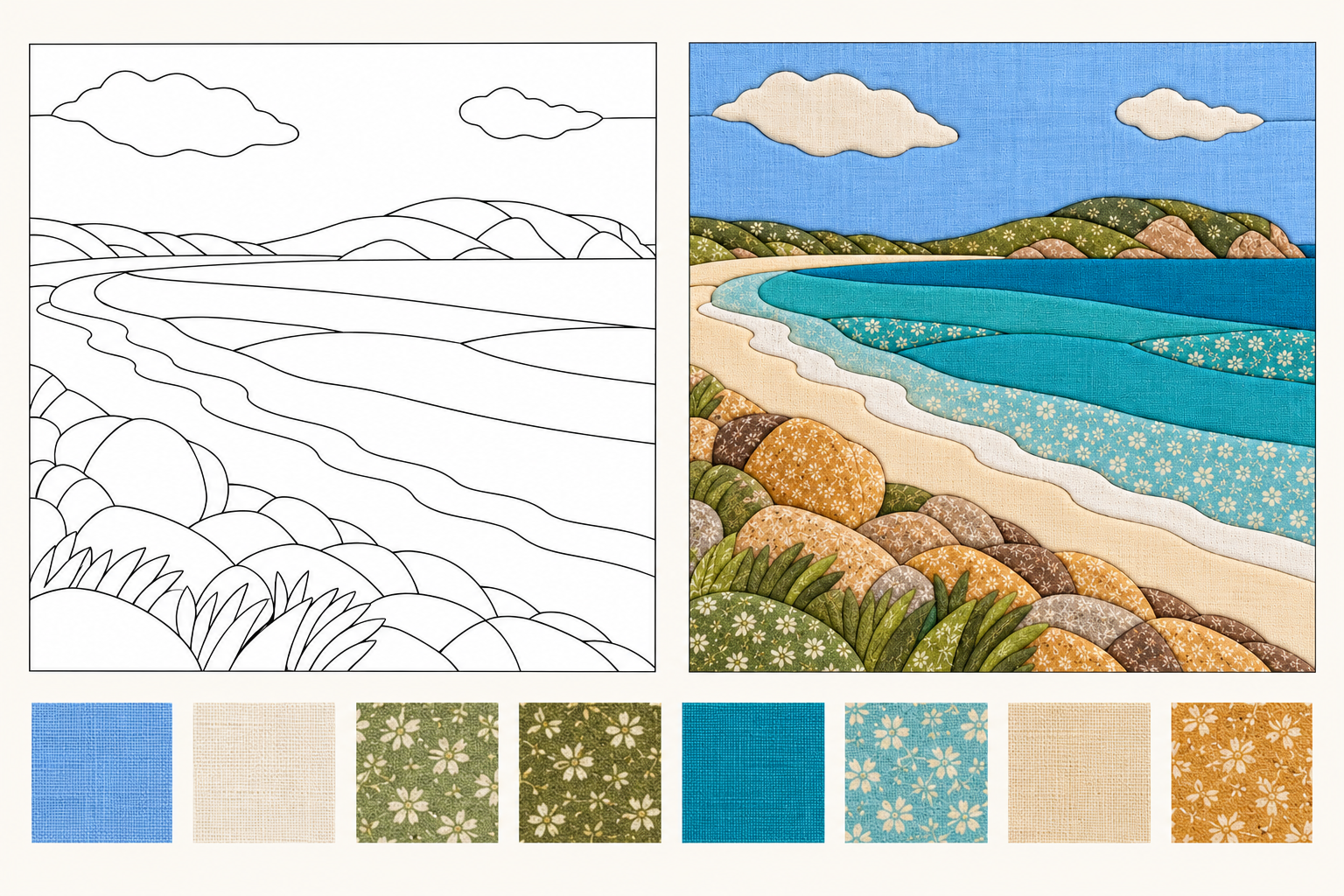Coastal landscape concept showing an outline, fabric layout and suggested fabric swatches