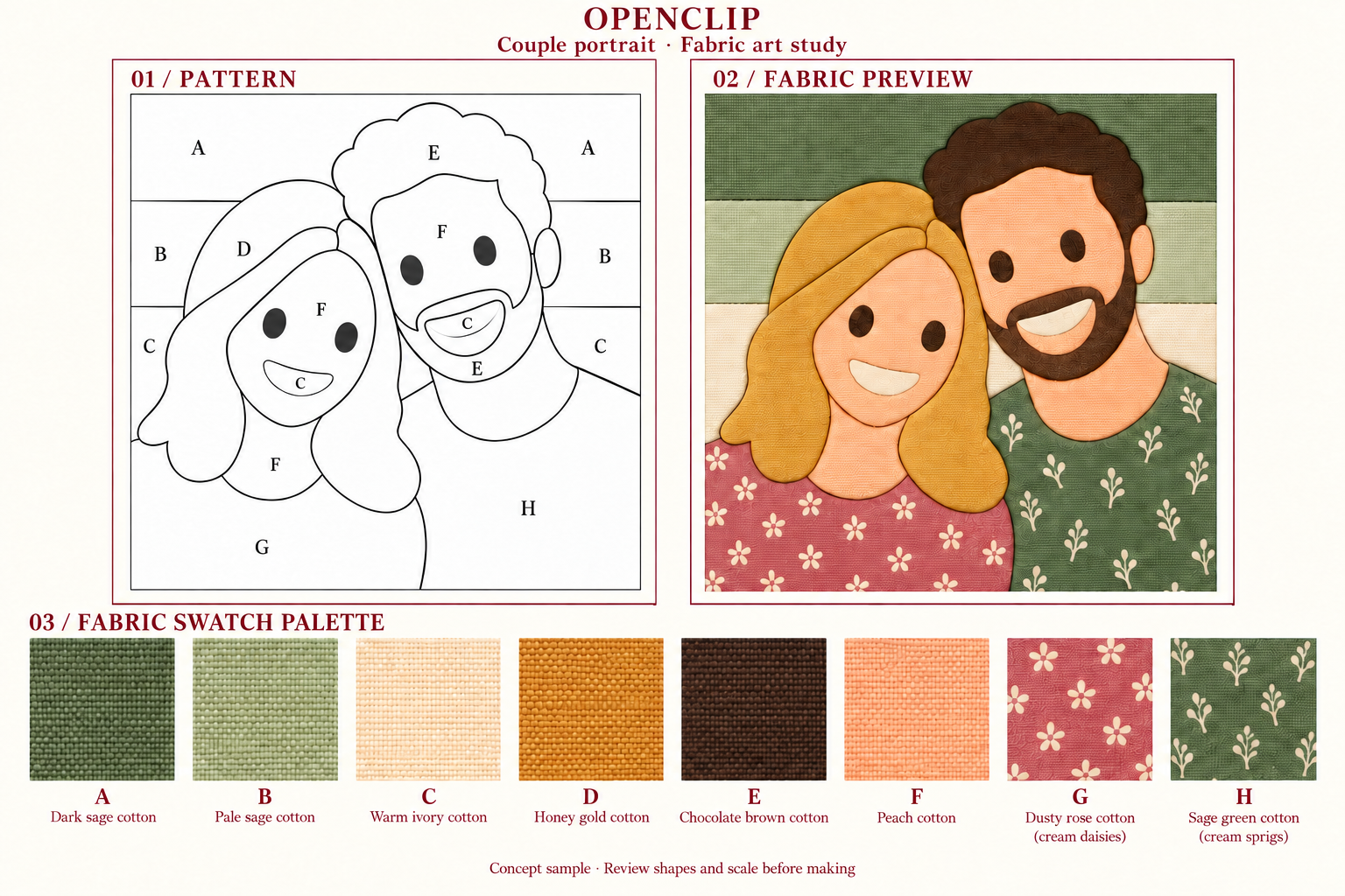 Couple portrait sample with outline, fabric artwork and eight woven and floral fabric swatches