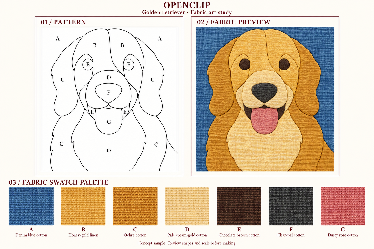 Golden retriever sample with outline, fabric artwork and seven textured fabric swatches