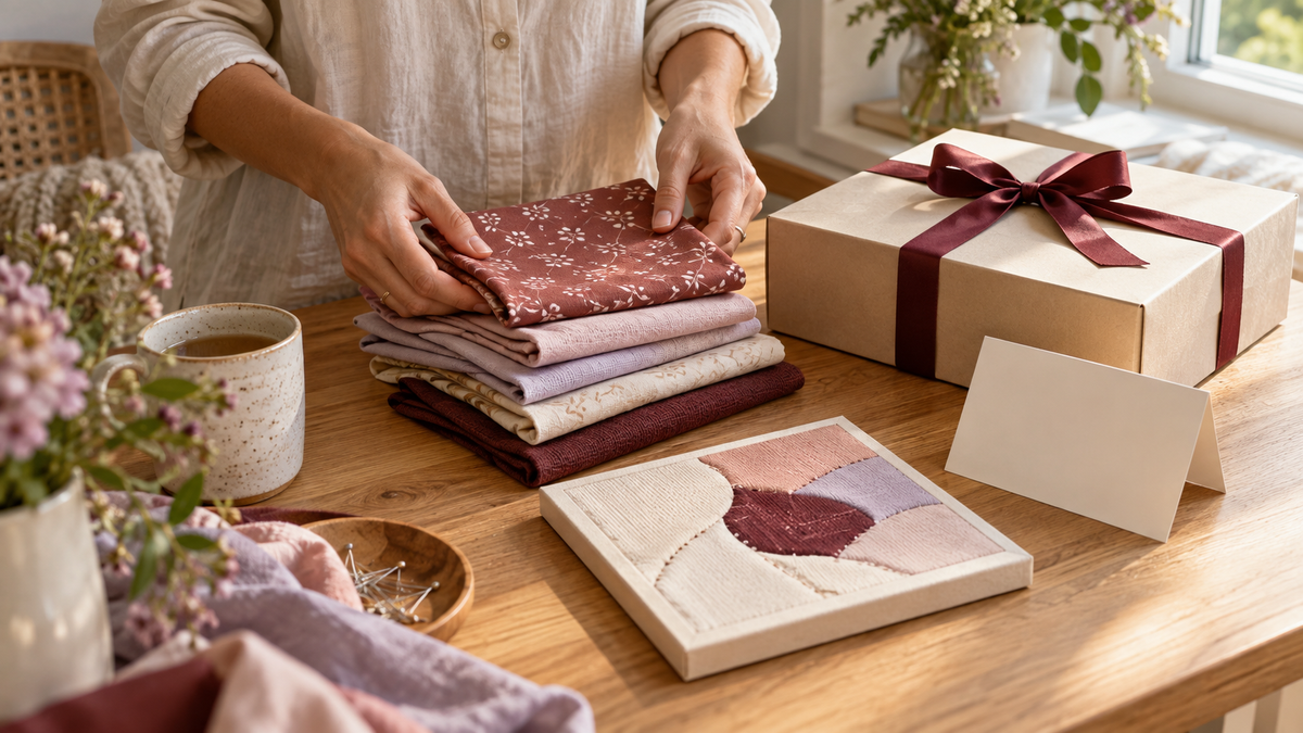 Adult preparing folded fabrics and a ribboned craft gift at a bright table