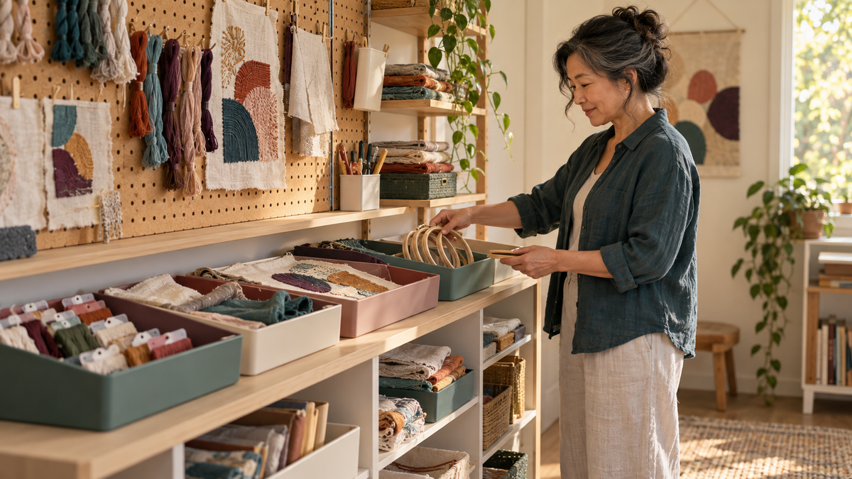 Woman organising embroidery materials and unfinished textile work on open craft-room shelving