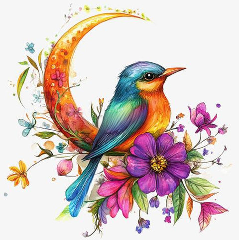 Songbird & crescent moon · 30 × 30 cm