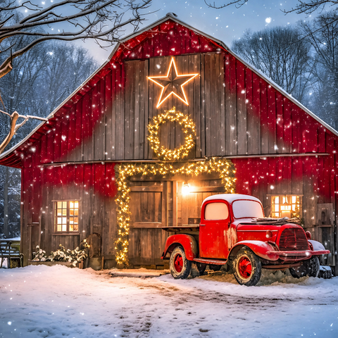 Red barn Christmas · 30 × 30 cm