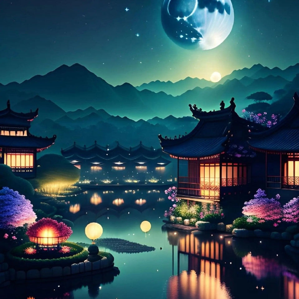 Moonlit pagodas · 30 × 40 cm diamond painting design