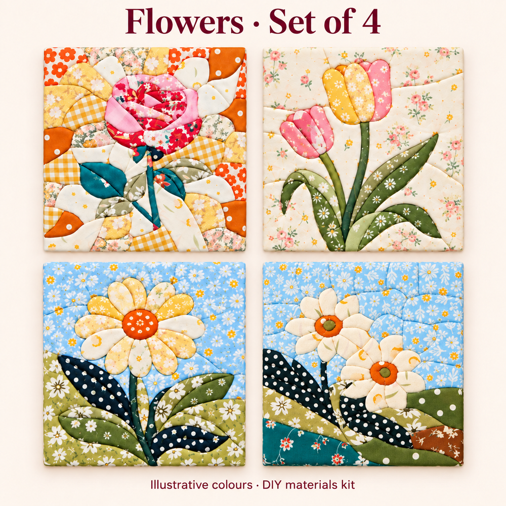 Flowers set — all four Kinusaiga artwork designs, illustrative colours, DIY materials kit