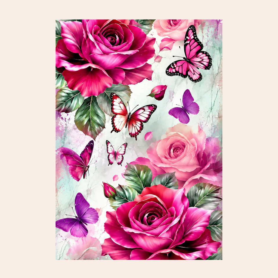 Pink roses & butterflies · 30 × 40 cm diamond painting design