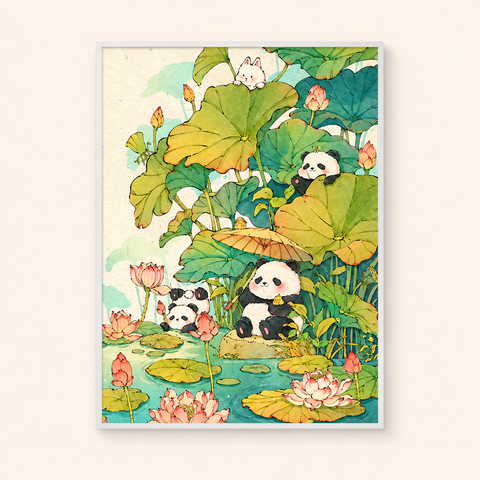 Pandas in the lotus pond · 40 × 50 cm · framed