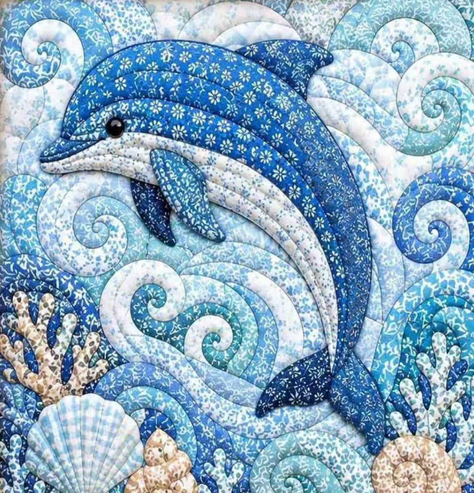 Colourful dolphin fabric art, made piece by piece