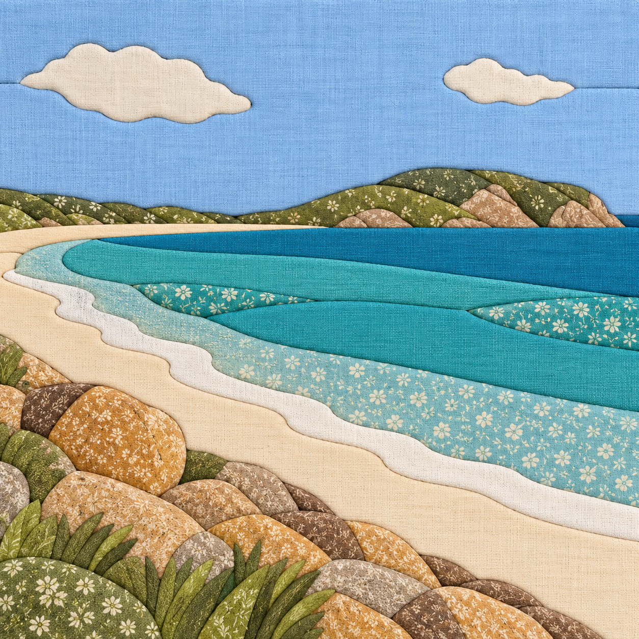 Coastal landscape reimagined as Kinusaiga fabric art